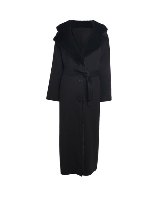 Yves Salomon Black Hooded Mink Fur-Trim Coat