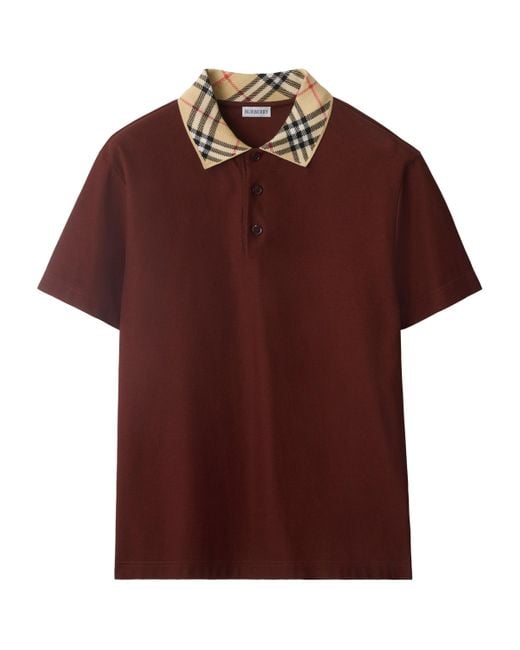 Burberry Brown Cotton Check-Collar Polo Shirt for men