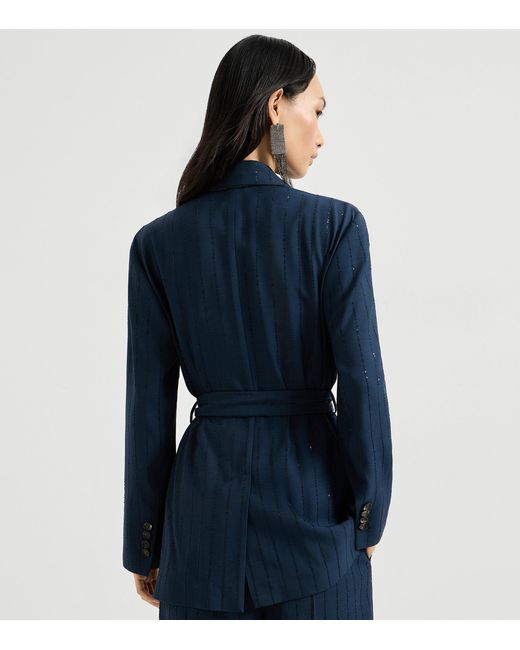 Brunello Cucinelli Blue Chalk Stripe Belted Blazer
