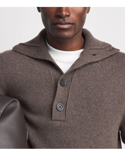 Johnstons Brown Cashmere Button-Neck Sweater for men