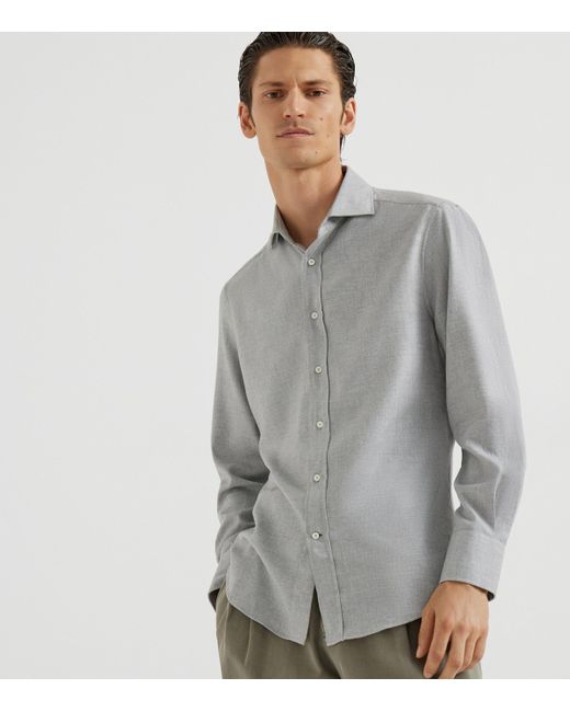 Brunello Cucinelli White Cotton-Blend Chevron Flannel Shirt for men