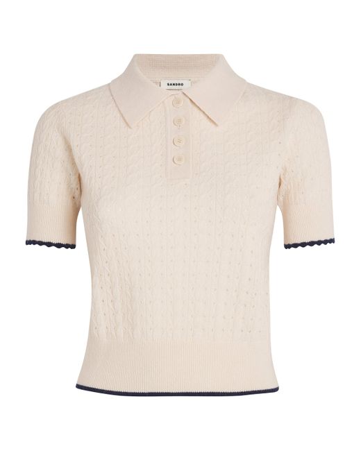 Sandro White Wool-Cashmere Eyelet Polo Top
