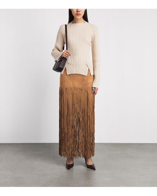Toccin Brown Faux Leather Fringe Soren Midi Skirt