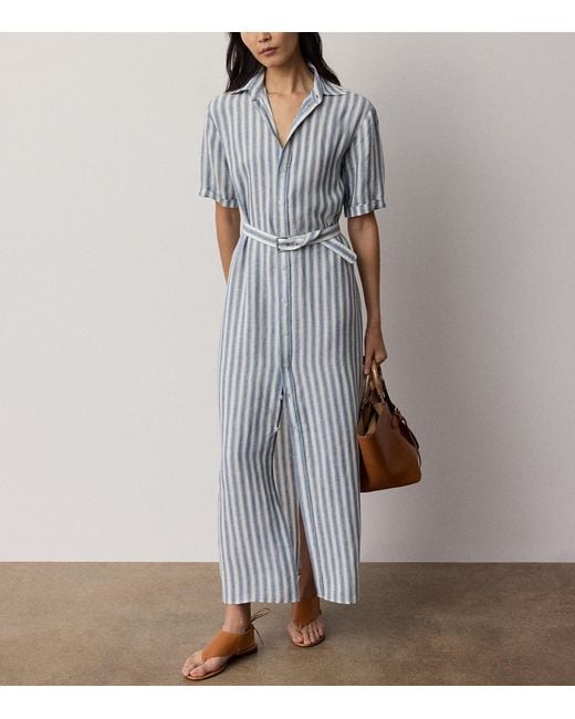 Ralph Lauren Blue Alternating Lines Umbrella Linen Dress