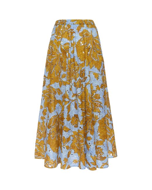 LaDoubleJ Yellow Cotton Floral Midi Skirt