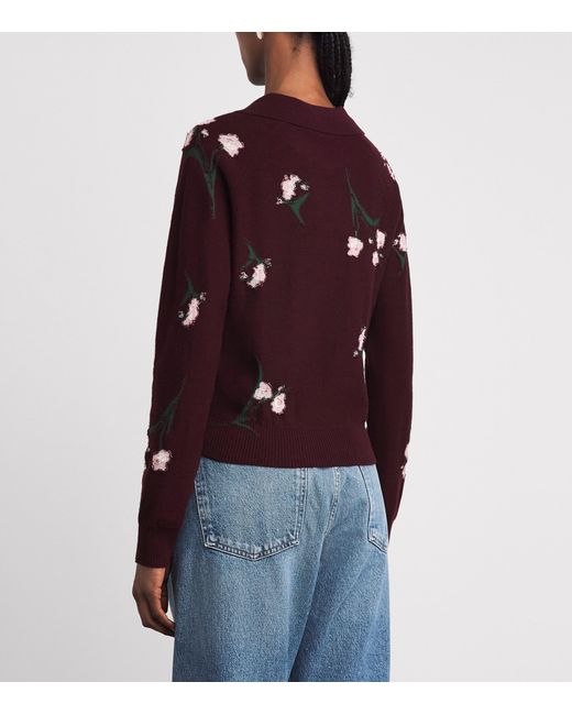 Erdem Red Merino Wool Floral Polo Sweater