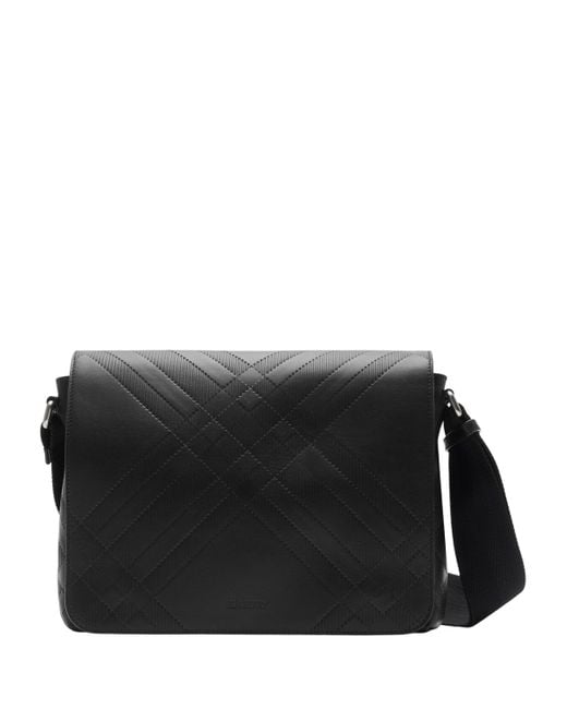 Burberry Black Leather Check-Embossed Messenger Bag for men