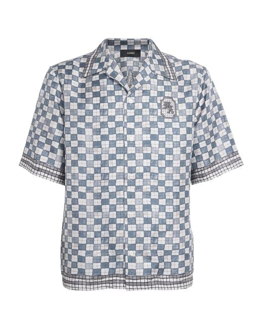 Amiri Blue Silk Château Crest Bowling Shirt for men
