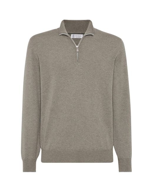 Brunello Cucinelli Gray Cashmere Quarter-Zip Sweater for men