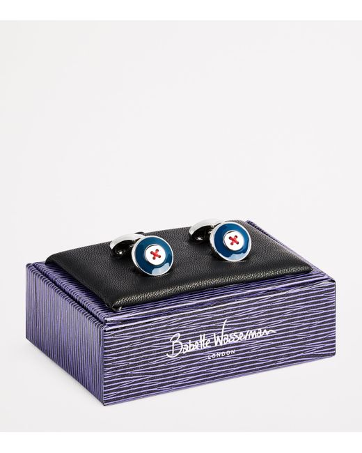 Babette Wasserman Blue Enamel Thread-Detail Round Cufflinks for men
