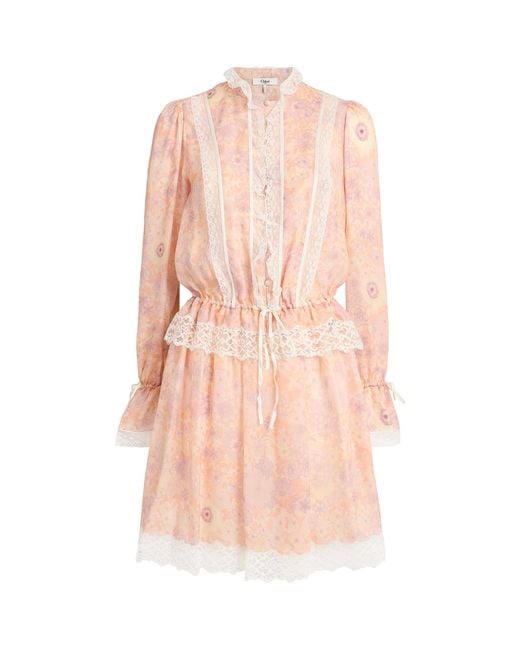 Chloé Pink Silk-Lace Floral Mini Dress