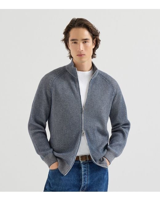 Brunello Cucinelli Gray Cashmere Ribbed Zip-Up Cardigan for men