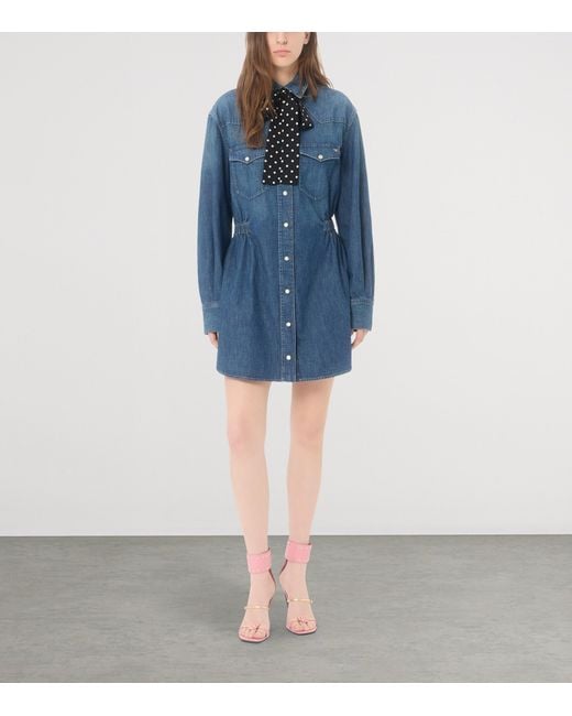 Valentino Blue Denim Polka-Dot Bow Shirt Dress