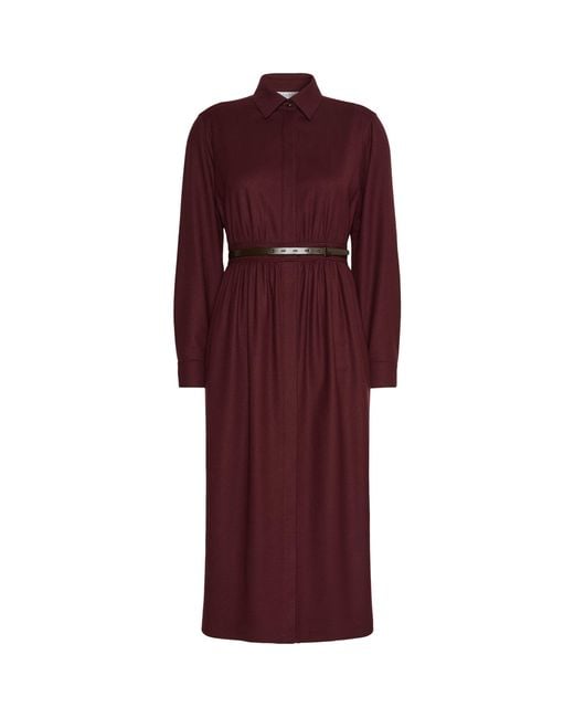 Max Mara Red Stretch-Virgin Wool Belted Shirt Dress