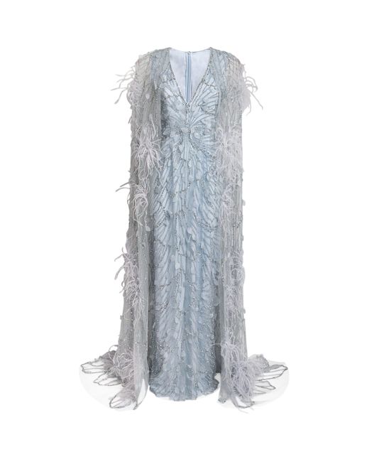 Pamella Roland Blue Tulle Ostrich Feather-Embellished Gown