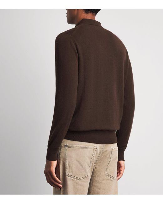 Allude Brown Virgin Wool Open-Collar Polo Sweater for men