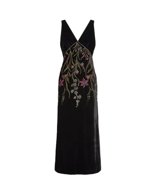 Loretta Caponi Black Velvet Embroidered Zaffira Maxi Dress