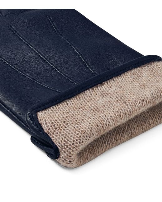 Aspinal Blue Wool-Cashmere Lined Leather Gloves
