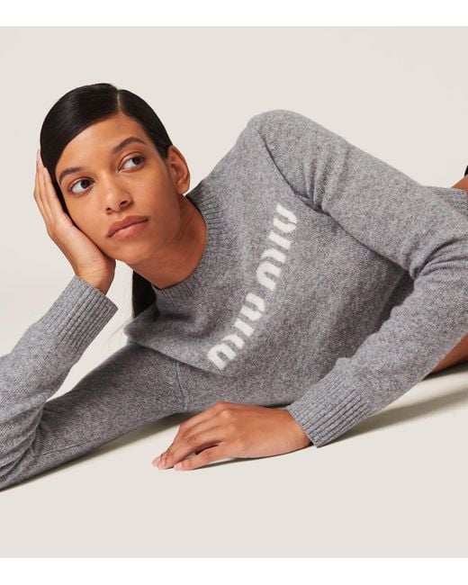 Miu Miu Gray Cashmere Logo Sweater