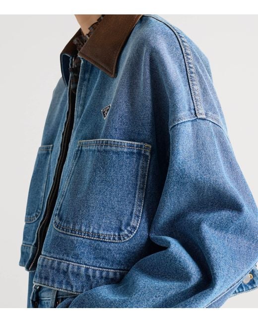 Prada Blue Leather-Collar Cropped Denim Jacket