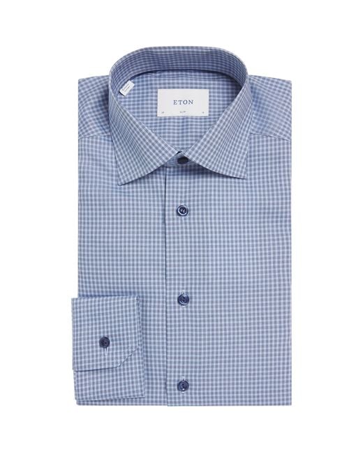 Eton of Sweden Blue Cotton Twill Check Slim Shirt for men