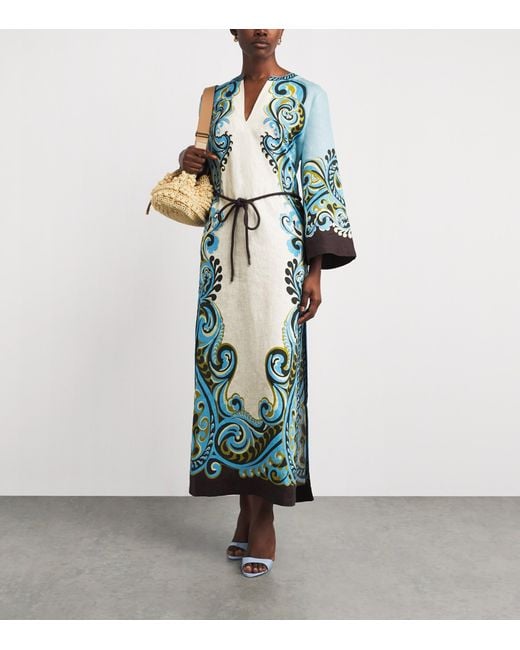ALÉMAIS Blue Linen Printed Natalia Maxi Dress