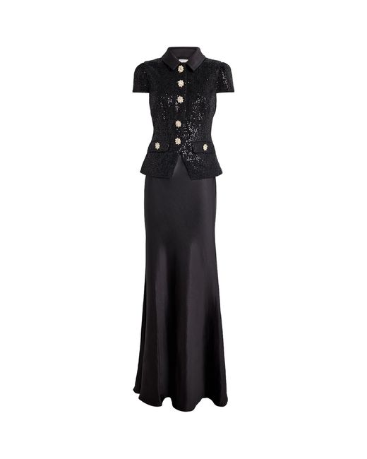 Self-Portrait Women's Black Satin Sequin-Embellished Maxi Dress