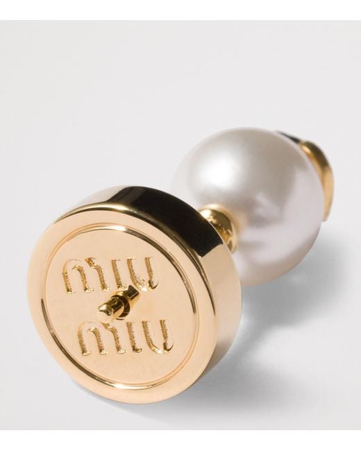 Miu Miu Metallic Faux Pearl Logo Stud Earrings