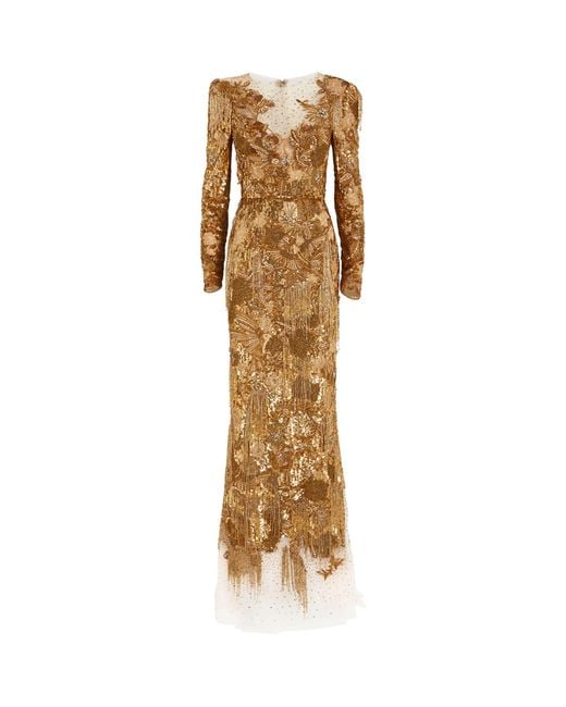 Marchesa Metallic Long-sleeve Embellished Gown