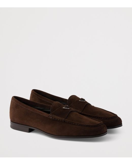 Prada Brown Suede Triangle Loafers for men