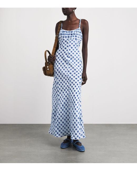 Sandro Blue Linen-Blend Gingham Maxi Dress