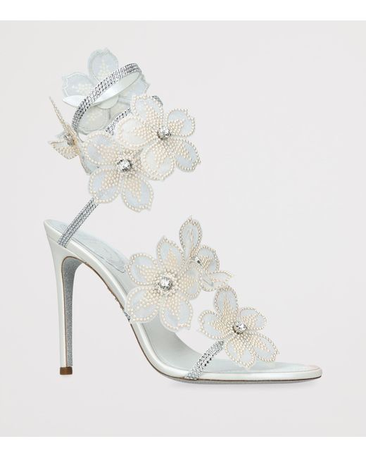 Rene Caovilla White Leather Flower Cleo Sandals 105