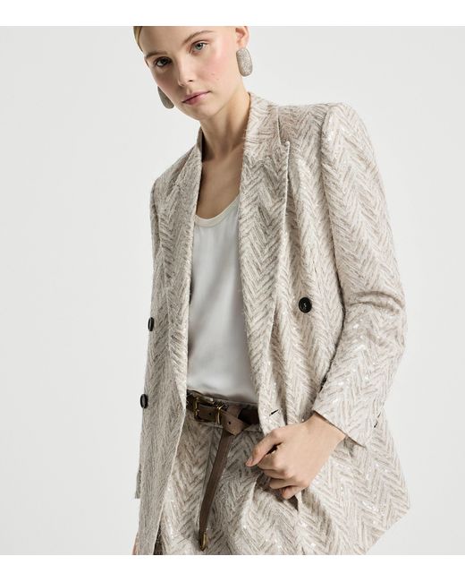 Brunello Cucinelli Natural Linen Chevron Double-Breasted Blazer