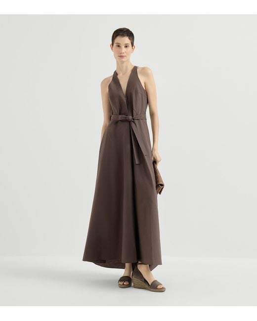 Brunello Cucinelli Brown Techno-Cotton Poplin Belted Maxi Dress