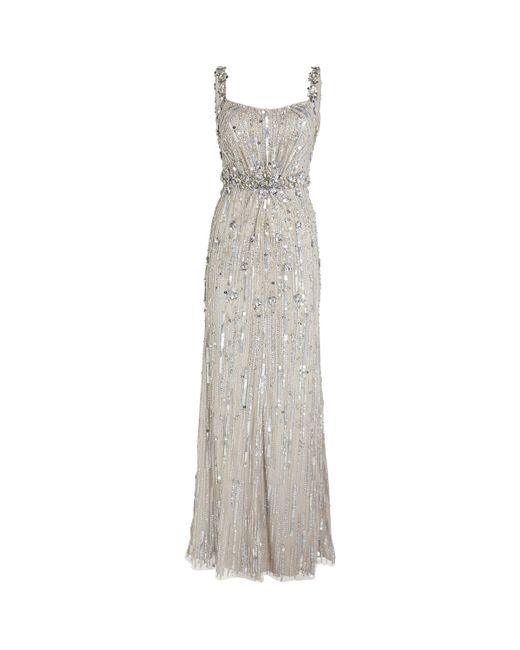 Jenny Packham White Crystal-Sequin Embellished Gown