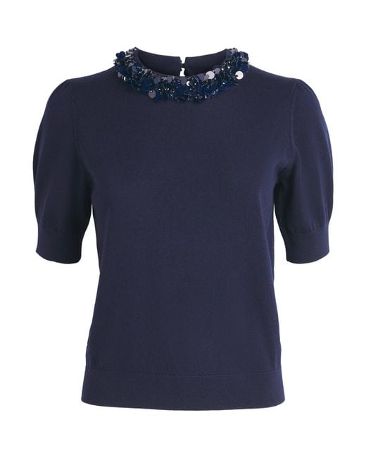 Ulla Johnson Blue Merino Wool Embellished T-Shirt