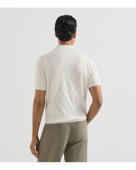 Brunello Cucinelli White Cotton Diamond-Knit Johnny Collar Polo Shirt for men