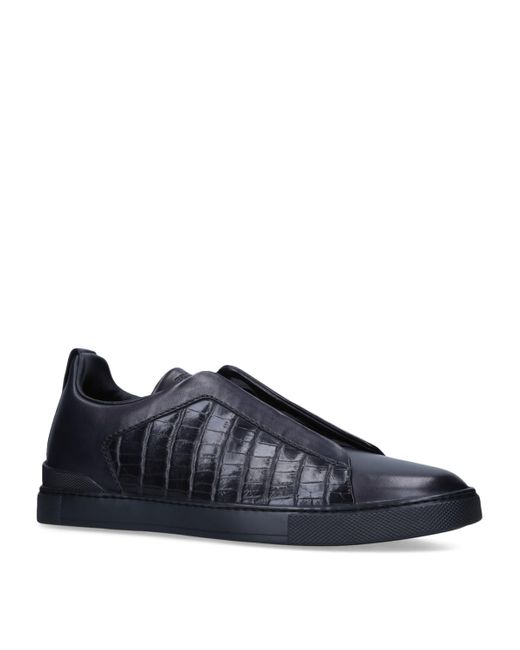 Zegna Blue Crocodile Leather Triple Stitch Sneakers for men