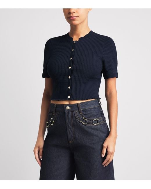 Sandro Blue Rib-Knit Cropped Cardigan