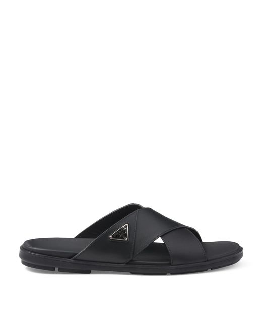 Prada Black Leather Crisscross Logo Slides for men