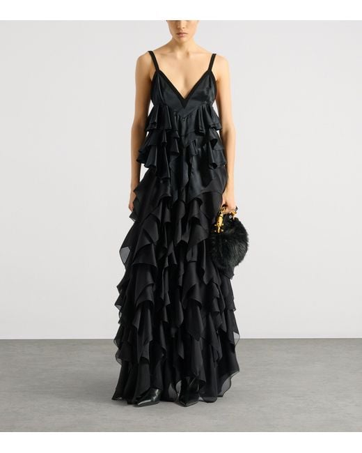 Balmain Black Silk Satin Ruffled Top