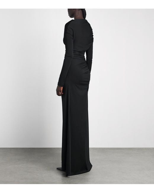 Victoria Beckham Black Gathered Shoulder Drape Long-Sleeve Gown