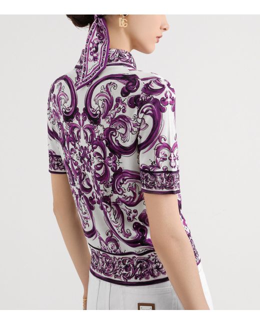 Dolce & Gabbana Purple Silk Majolica Print Polo Shirt