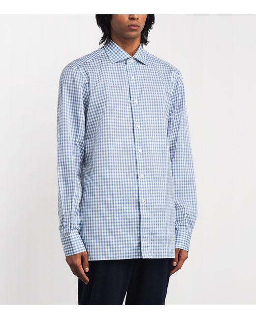 Isaia Blue Cotton-Linen Check Shirt for men