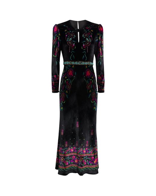 Saloni Black Velvet Beaded Claudia Midi Dress