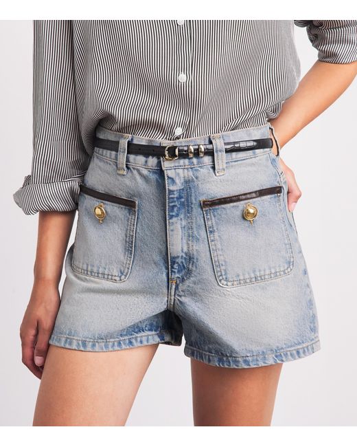 Sandro Blue Leather-Trim Denim Shorts