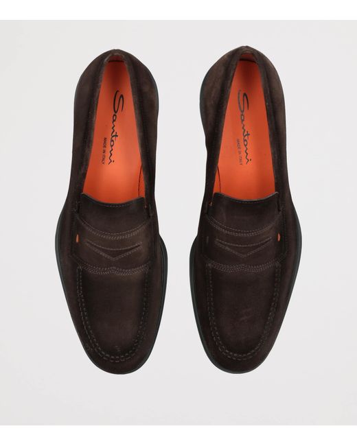 Santoni Brown Suede Easy Penny Loafers for men