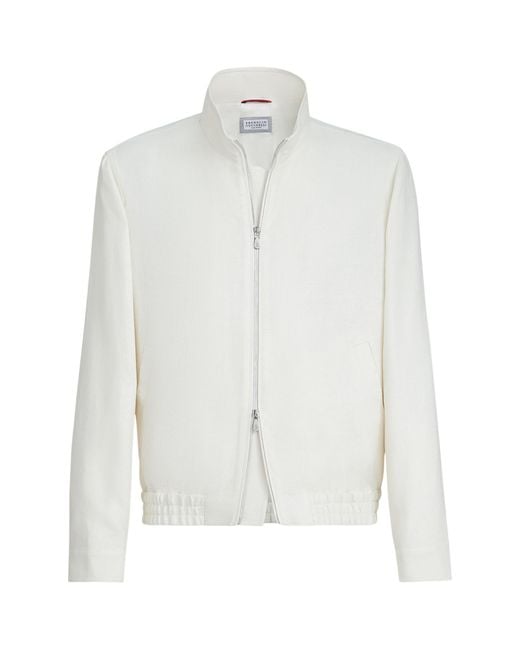 Brunello Cucinelli White Silk-Linen-Wool Bomber Jacket for men