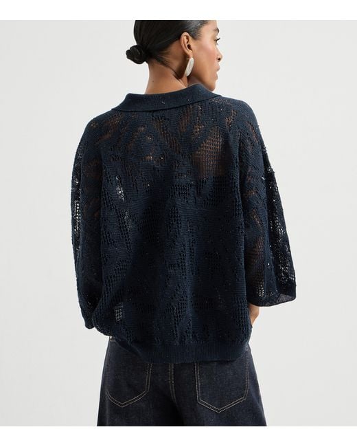 Brunello Cucinelli Blue Linen-Cotton Embellished Polo Sweater
