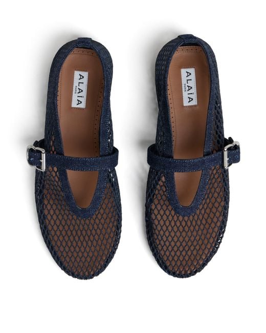 Alaïa Blue Denim Fishnet Ballet Flats